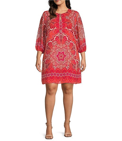 Vince Camuto Plus Size Paisley Chiffon Tie Front Neck 3/4#double; Balloon Sleeve Shift Dress