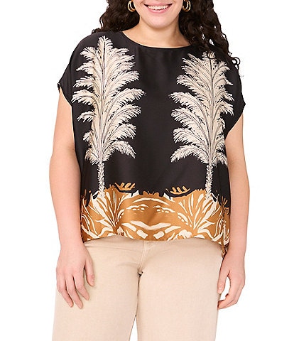 Vince Camuto Plus Size Printed Crew Neck Short Sleeve Caftan Blouse