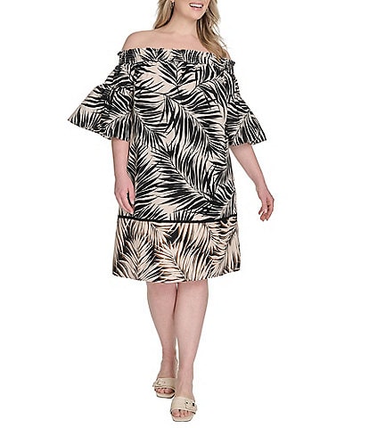 Vince Camuto Plus Size Printed Poplin Off-The-Shoulder Short Sleeve Shift Dress