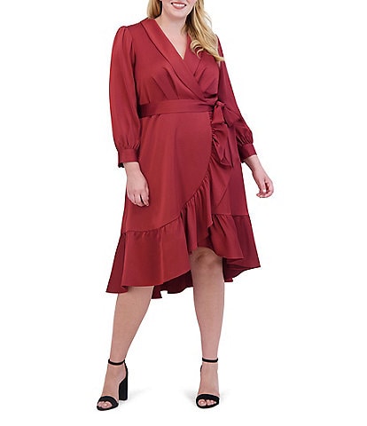 Vince Camuto Plus Size Satin Split V-Neck Long Sleeve Faux Wrap Hi-Low Shirttail Dress