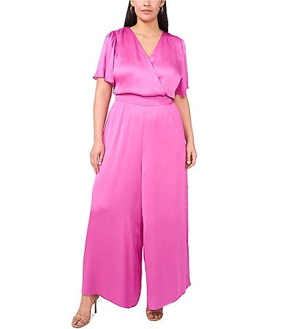 Vince Camuto Plus Size Satin Surplice V-Neck Short Flutter Sleeve Smocked Jumpsuit