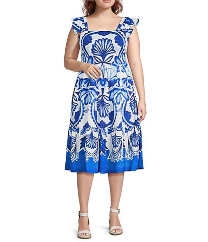 Vince Camuto Plus Size Smocked Square Neck Sleeveless Printed Fit And Flare Midi Dress