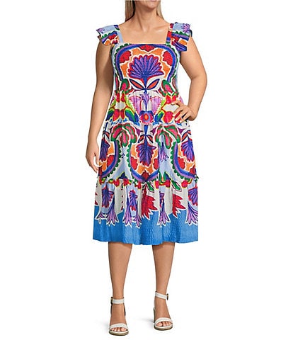 Vince Camuto Plus Size Smocked Square Neck Sleeveless Printed Fit And Flare Midi Dress