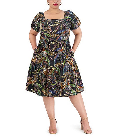 Vince Camuto Plus Size Square Neck 3/4 Sleeve Floral Fit and Flare Dress