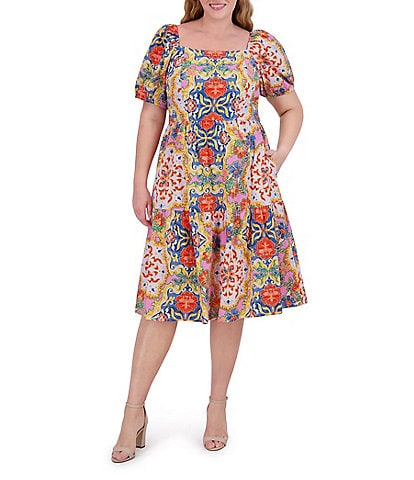 Vince Camuto Plus Size Square Neck Short Puff Sleeve A-Line Midi Dress