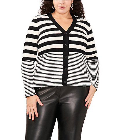 Vince Camuto Plus Size Striped Ribbed Knit V-Neck Long Sleeve Button Front Cardigan