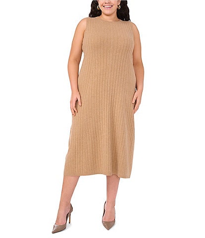 Vince Camuto Plus Size Sweater Knit Crew Neck Sleeveless Sheath Flounce Midi Dress