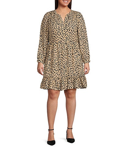 Vince Camuto Plus Size Tiered Long Sleeve Split Neck Leopard Print Dress