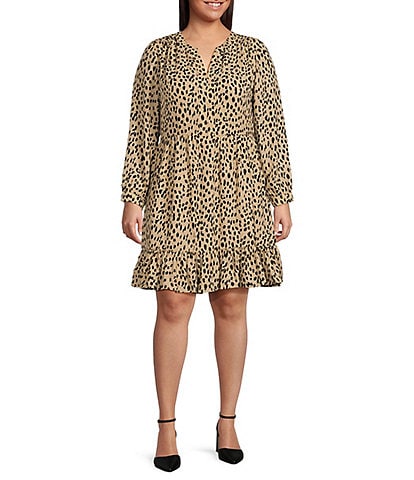 Vince Camuto Plus Size Tiered Long Sleeve Split Neck Leopard Print Dress
