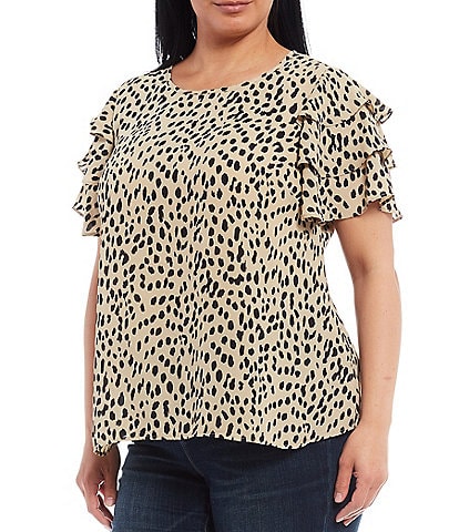 Vince Camuto Plus Size Round Neck Tiered Short Sleeve Leopard Print Blouse