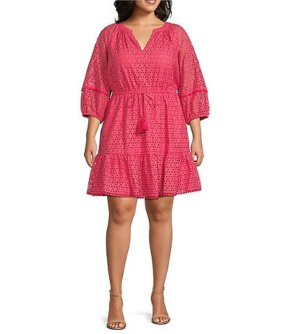 Vince Camuto Plus Size V-Neck 3/4 Sleeve Cinched Tassel Tie Waist Pocketed Fit and Flare Dress