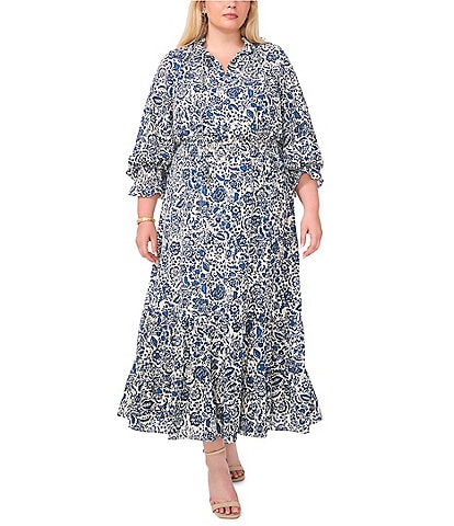 Vince Camuto Plus Size V-Neck Long Sleeve Floral Print A-Line Dress