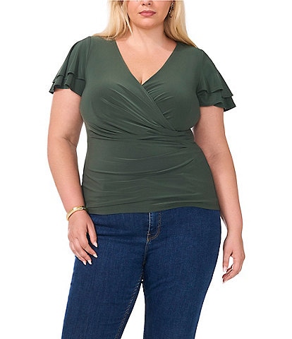 Vince Camuto Plus Size V-Neck Short Flutter Sleeve Faux Wrap Blouse