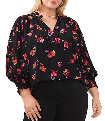 Vince Camuto Plus Size Watercolor Blooms Floral Split V-Neck Long Sleeve Smocked Cuff Blouse