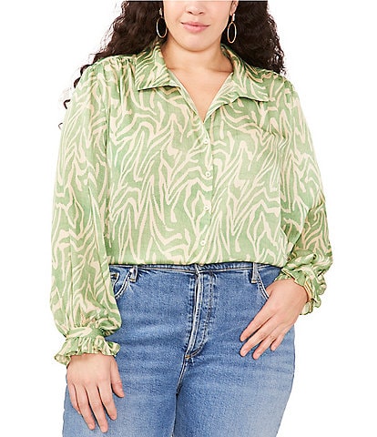 Vince Camuto Plus Size Wild Zebra Print Point Collar Long Sleeve Satin Yoryu Button Front Shirt