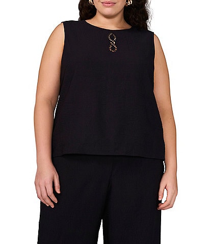 Vince Camuto Plus Size Woven Crew Neck Sleeveless Embroidered Cutout Tank