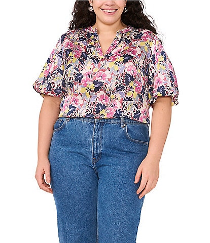 Vince Camuto Plus Size Woven Floral Print V-Neck Short Puff Sleeve Blouse