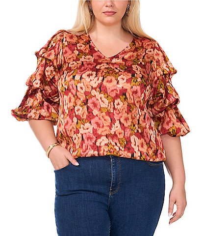 Vince Camuto Plus Size Woven Floral Print V-Neck Short Ruffle Sleeve Blouse