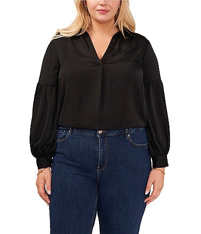 Vince Camuto Plus Size Woven Rumple Long Balloon Sleeve V-Neck Point Collar Blouse