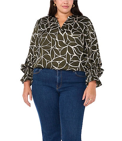 Vince Camuto Plus Size Woven V-Neck Long Sleeve Blouse