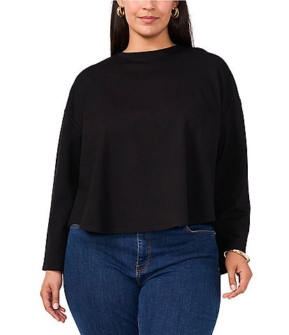 Vince Camuto Plus Twill Ponte Crew Neck Drop Shoulder Long Sleeve Flounce Blouse