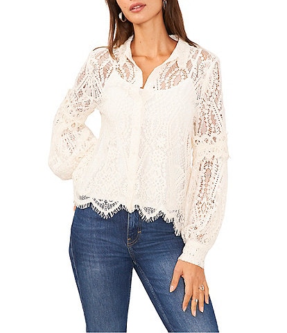 Vince Camuto Point Collar Long Bishop Sleeve Scalloped Hem Embroidered Lace Button Front Blouse