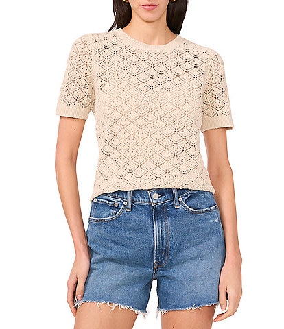 Vince Camuto Pointelle Knit Crew Neck Short Sleeve Top