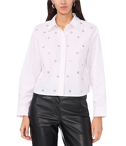 Vince Camuto Poplin Point Collar Long Sleeve Grommet Detail Cropped Button Front Blouse