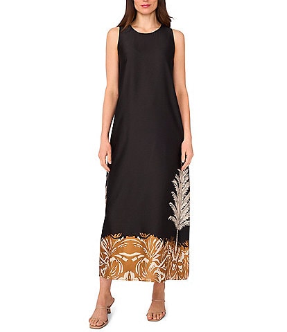 Vince Camuto Leaf Print Crew Neckline Sleeveless Shift Maxi Dress