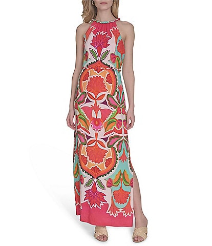 Vince Camuto Printed Halter Neck Sleeveless Belted Maxi A-Line Dress