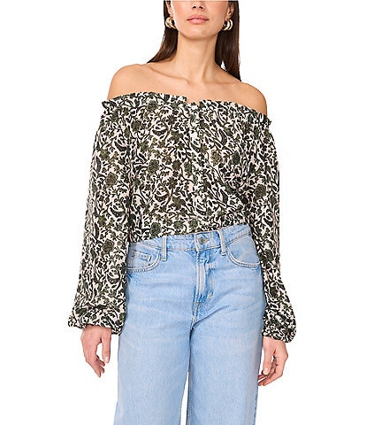Vince Camuto Printed Off-The-Shoulder Long Sleeve Button Front Blouse