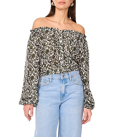 Vince Camuto Printed Off-The-Shoulder Long Sleeve Button Front Blouse