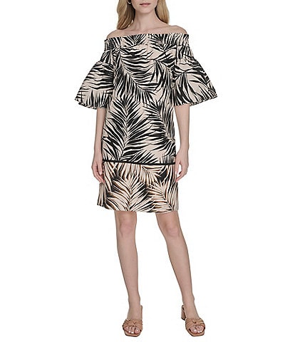 Vince Camuto Leaf Printed Poplin Off-The-Shoulder Short Sleeve Shift Dress