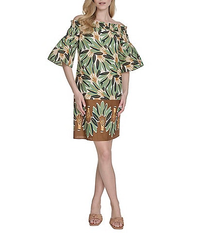 Vince Camuto Printed Poplin Off-The-Shoulder Short Sleeve Shift Dress