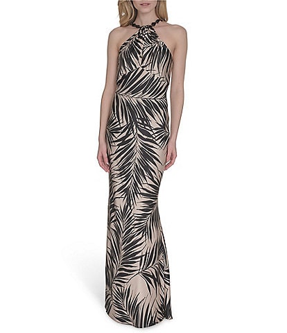 Vince Camuto Printed Satin Beaded Halter Neck Sleeveless Gown