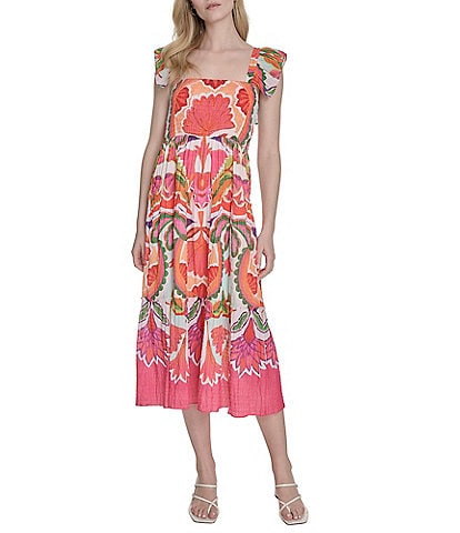 Vince Camuto Printed Square Neck Sleeveless Tiered Midi Dress