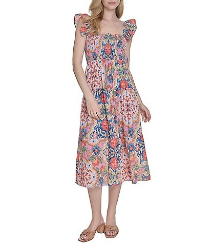 Vince Camuto Placement Print Square Neck Sleeveless Tiered Midi Dress