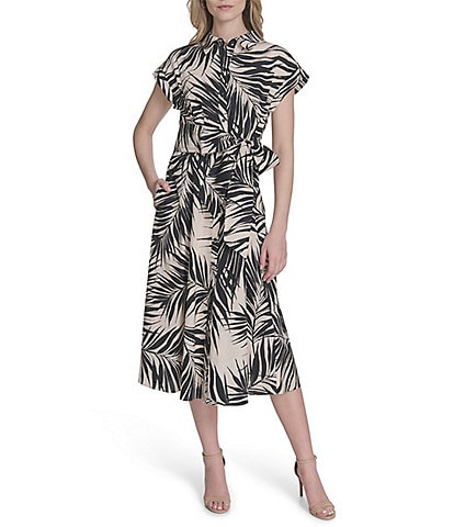 Vince Camuto Printed Woven Point Collar Cap Sleeve Midi Shirt Dress