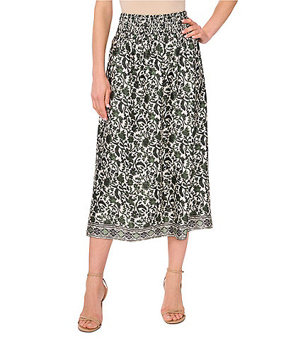 Vince Camuto Pull On Smocked Waist Printed Midi Skirt