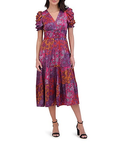 Vince Camuto Satin Paisley Print V-Neck Ruched Puff Short Sleeve Smocked Waist Midi A-Line Flounce Dress