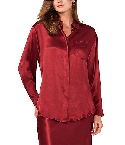 Vince Camuto Satin Point Collar Long Sleeve Button Front Hi-Low Shirttail Blouse