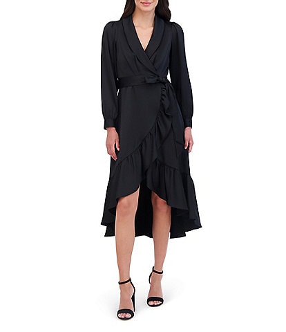 Vince Camuto Satin Split V-Neck Long Sleeve Faux Wrap Hi-Low Shirttail Dress