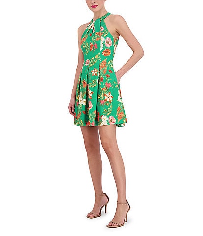 Vince Camuto Scuba Knit Floral Print Halter Neck Sleeveless Pocketed Fit and Flare Mini Dress