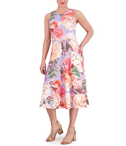Vince Camuto Scuba Knit Floral Print Crew Neck Sleeveless Fit and Flare Pocketed Midi Dress
