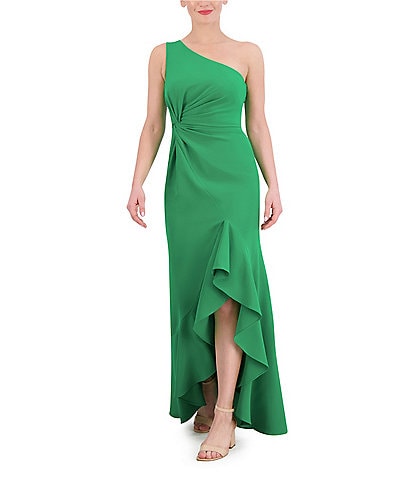Vince Camuto Scuba Knit One-Shoulder Sleeveless Side Twist Ruffle High-Low Hem A-Line Gown