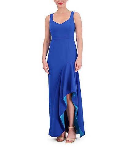 Vince Camuto Scuba Knit Sweetheart Neck Sleeveless Ruffle Side Slit A-Line Gown