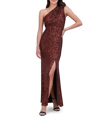 Vince Camuto Sequin Asymmetrical Sleeveless Ruched One Side Shoulder Side Slit Sheath Flounce Gown