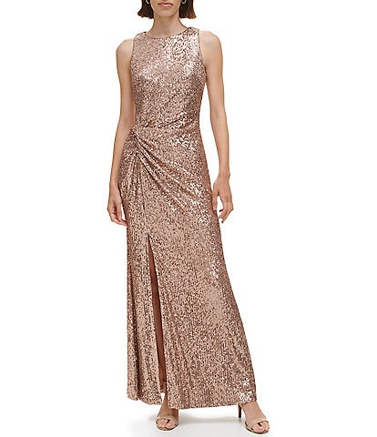 Vince Camuto Sequin Crew Neck Sleeveless Side Slit Ruched A-Line Gown