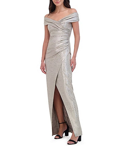 Vince Camuto Sequin Portrait Off the Shoulder Neck Ruched Sheath Wrap Slit Hem Gown