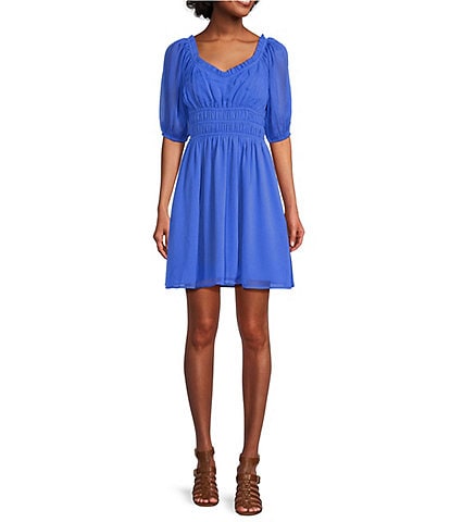 Vince Camuto Short Sleeve Chiffon Ruffled V-Neck Fit and Flare Dress